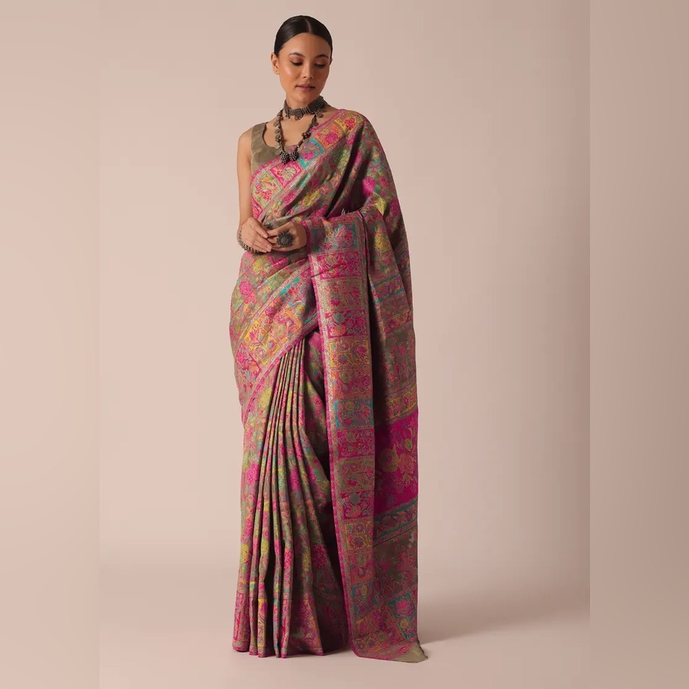 NEW Gold Cotton Silk Kashmiri Saree With Resham Work And Stitched Blouse Piece